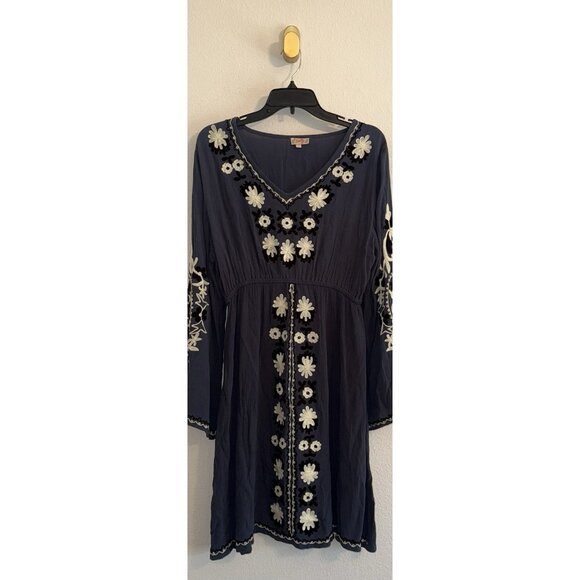 Scully Embroidered Empire Waist Dress Boho Floral Viscose Womens L Large Blue - Picture 2 of 6